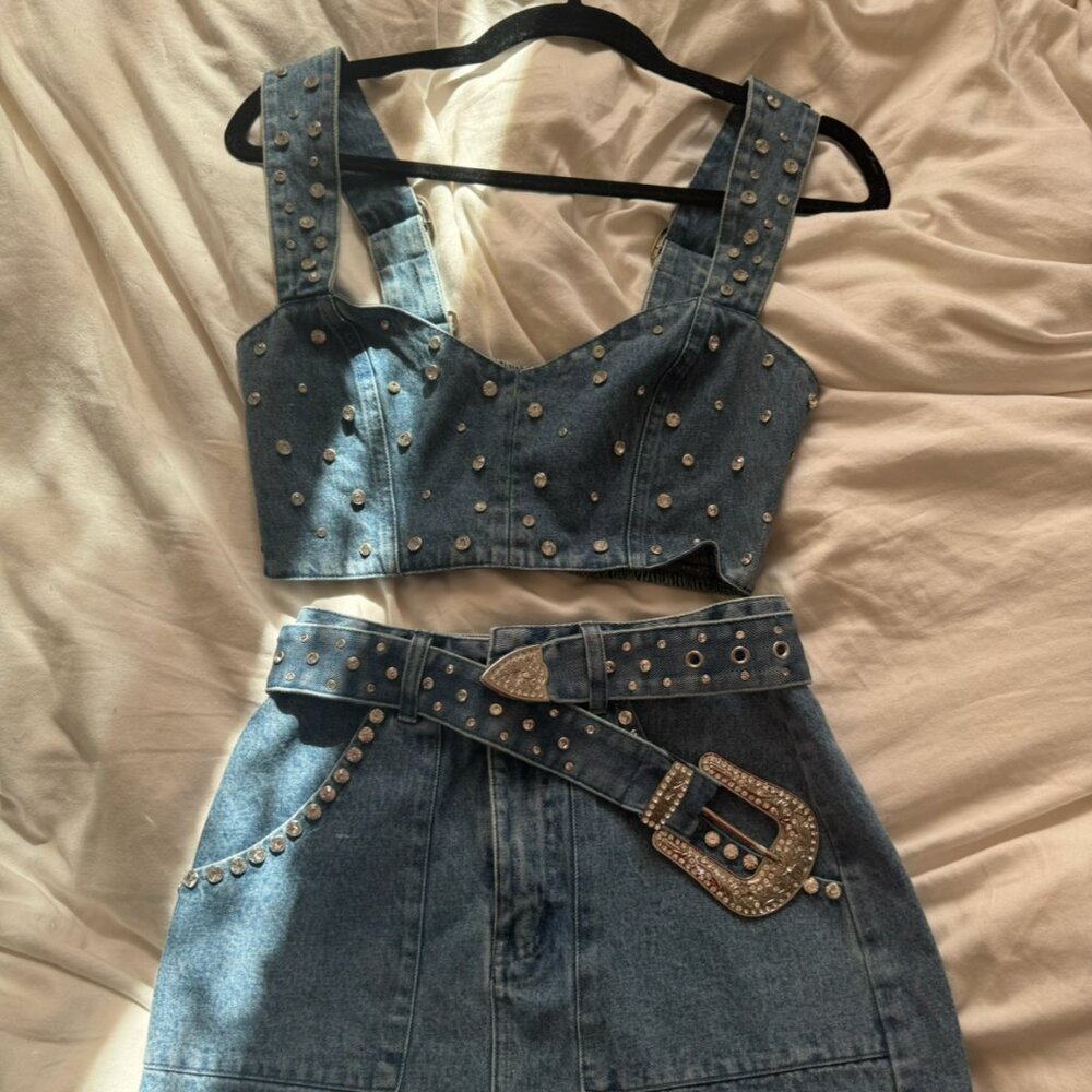 Revolve Show Me Your Mumu Denim Skirt and Denim Top (S Top, XS Skirt)